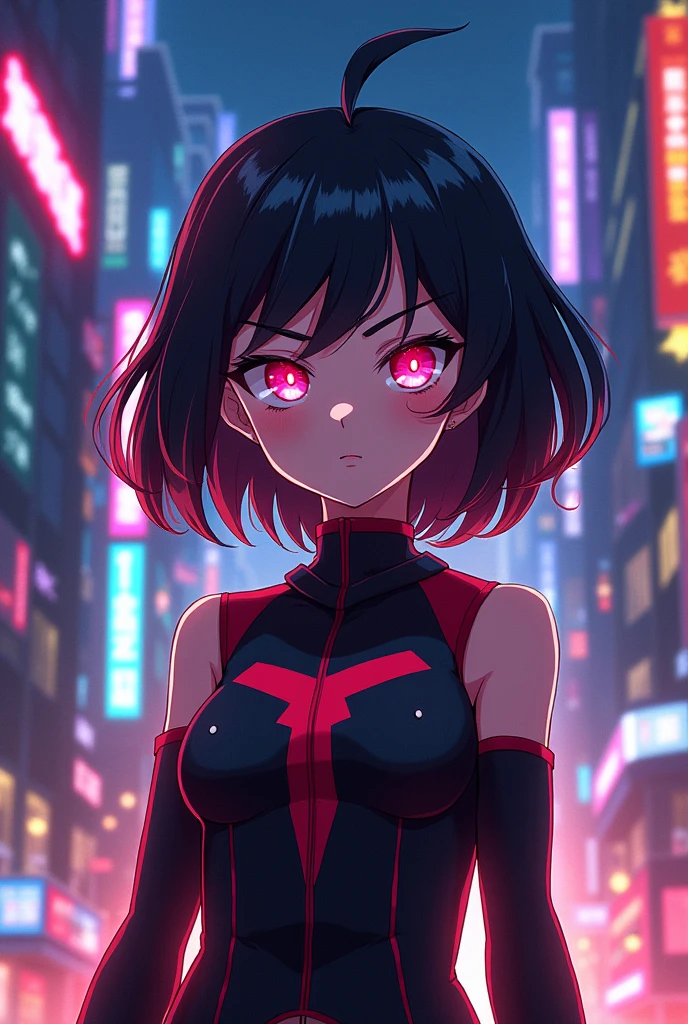 anime boku no hero, , medium black hair with dark red highlights and hot pink eyes