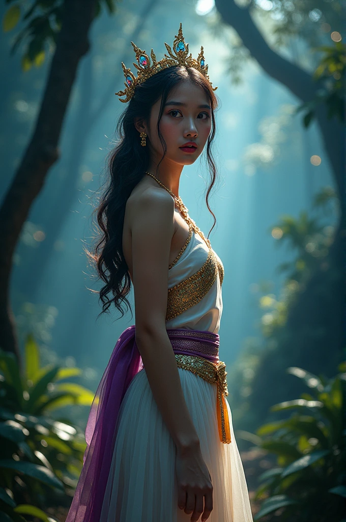 full lenght hiper 4k Think of it as a movie poster. In the Wind of Flowers. Full-length standing shot of a beautiful, sweet, and gentle 20-year-old woman with big eyes, pink lips and cheeks, looking straight ahead, wearing a white and gold sparkling Dusit Thai dress, a purple and gold sarong, long black hair, tied loosely, wearing a small golden crown of Naga. Light from the stars, a beautiful and realistic scene of a mysterious jungle, shimmering light. 3D image, oil painting, sharp image.
