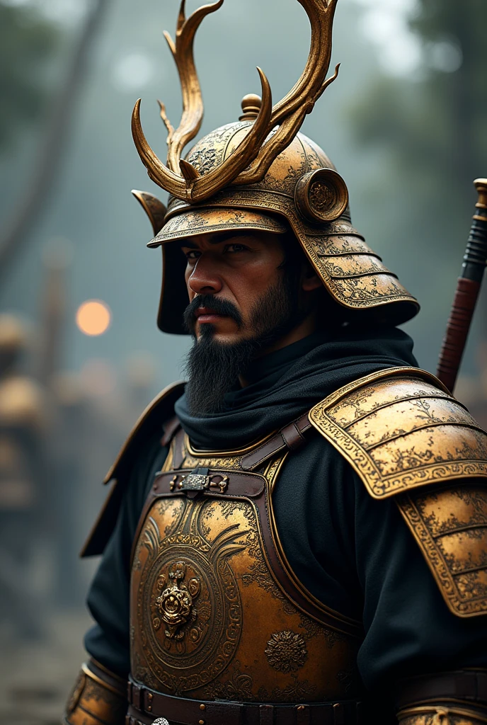 guerrero, Concept-Art, Fantasy art, Battlefield Background, Clean rendering, And, Usa Anda armadura, Detailed bushido smoke form, Casco de Anda deidad olvidada, character is standing, Realistic 8K, in-game rendering, detailed detail of the background of the face, Art Station cover, visiting, Pseudo-medieval fantasy, A deity in koi armor, bronze armor detallada, bronze armor, gold engraved armor, golden obsidian armor, light gold armor, Beautiful filigree armor, A demonic warrior, Beautiful armor full of thorns, Assasin's intricate armor, intricate metal armor, mighty warrior, Vestido con Anda hermosa armadura dorada,Decorated with intricate patterns, El casco tiene Anda gran corona y dos cuernos,Bright red eyes, Everything is in the dark, The smo