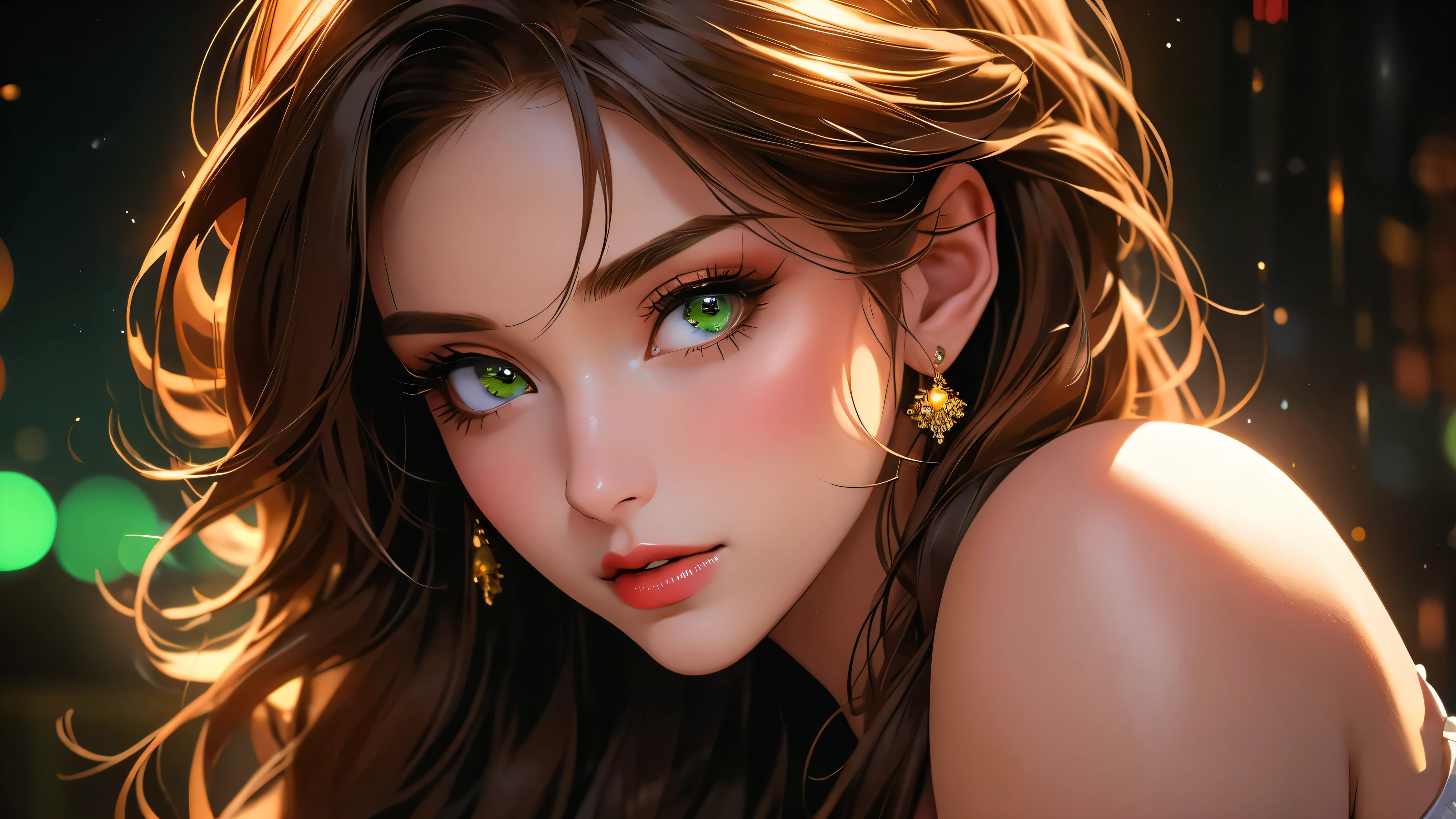 a beautiful woman with detailed green eyes, large breasts, sensual expressions, realistic, photorealistic, photo-realistic:1.37, (best quality,4k,8k,highres,masterpiece:1.2),ultra-detailed, HDR,UHD,studio lighting,ultra-fine painting,sharp focus,physically-based rendering,extreme detail description,professional,vivid colors,bokeh,warm colors,soft lighting