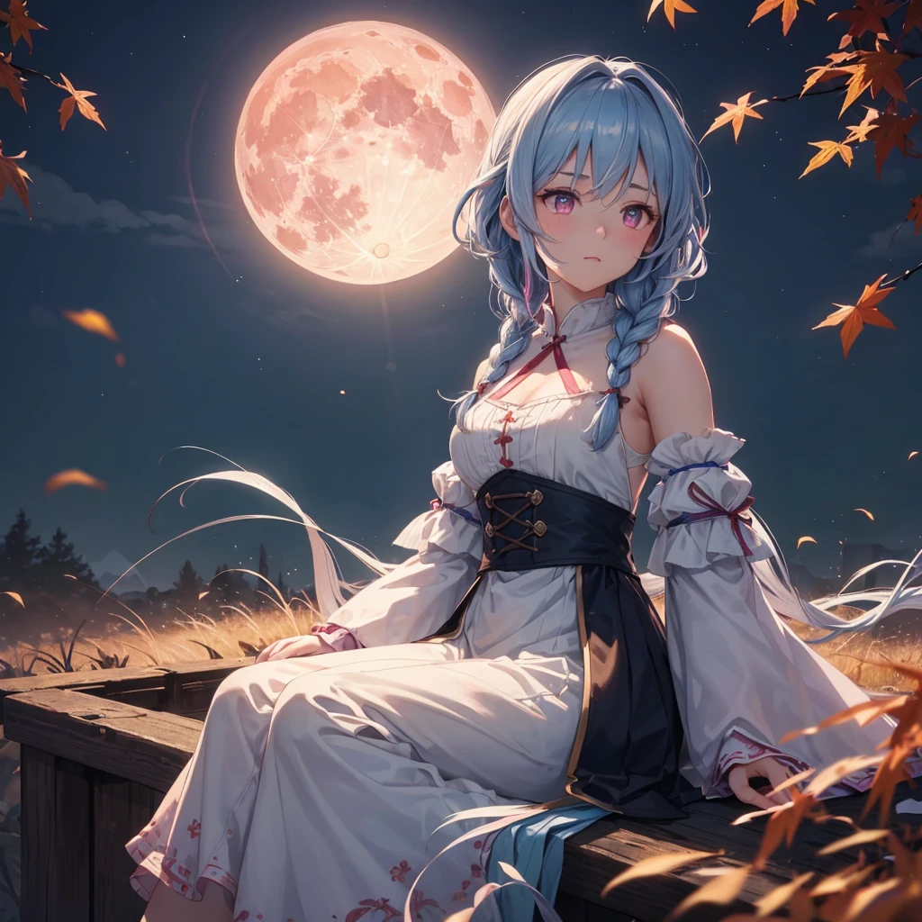 (Braiding),(Sky blue medium hair), (Pink eyes),(Fair skin) ,(whole body),(One Girl),(harvest moon),(A large amount of Miscanthus sinensis in the background),autumn,(full moon),(masterpiece, Highest quality, Very detailed, Best Shadow), (Detailed Background), (Beautifully detailed face), High Contrast, (Best lighting, Very delicate and beautiful), ((Cinematic Light)), Hyper Detail,8k, Dramatic Light, Intricate details,Maple