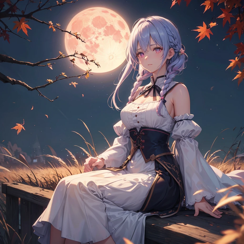 (Braiding),(Sky blue medium hair), (Pink eyes),(Fair skin) ,(whole body),(One Girl),(harvest moon),(A large amount of Miscanthus sinensis in the background),autumn,(full moon),(masterpiece, Highest quality, Very detailed, Best Shadow), (Detailed Background), (Beautifully detailed face), High Contrast, (Best lighting, Very delicate and beautiful), ((Cinematic Light)), Hyper Detail,8k, Dramatic Light, Intricate details,Maple