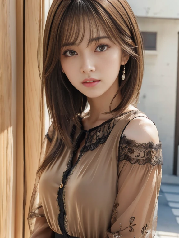 Ultra-high resolution, Superior Quality, Highest quality, Super detailed, Realistic, 8k, RAW Photos, Highest quality, masterpiece, Attractive girl, A wonderful girl, Brown Hair, Shoulder-length layered, Asymmetrical bangs, Japanese Idols, Sophisticated, stylish, Lace blouse