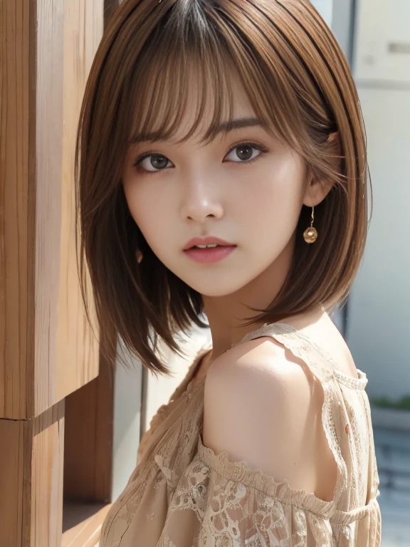 Ultra-high resolution, Superior Quality, Highest quality, Super detailed, Realistic, 8k, RAW Photos, Highest quality, masterpiece, Attractive girl, A wonderful girl, Brown Hair, Shoulder-length layered, Asymmetrical bangs, Japanese Idols, Sophisticated, stylish, Lace blouse