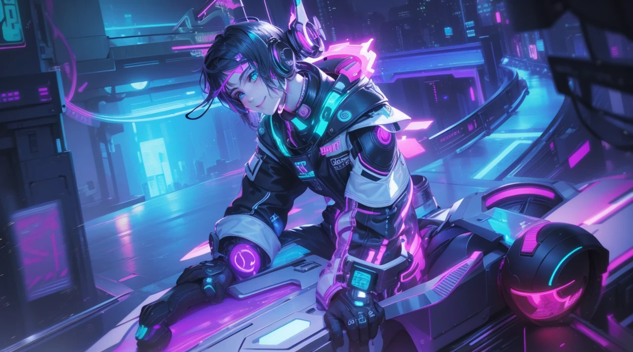 1boy, (extremely beautiful), solo, male focus, cyberpunk, neon lights, vibrant colors, headphones, Cyberpunk, neon, masterpiece, best quality, ultra-detailed, cyberpunk background, detail, in the starry night, moon, explosive and clear eyes, glowing eyes, beautiful details in the wind, little smile.