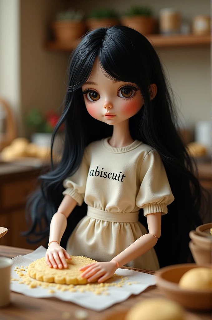 A doll with long black hair making biscuits with mabibiscuit written on her blouse