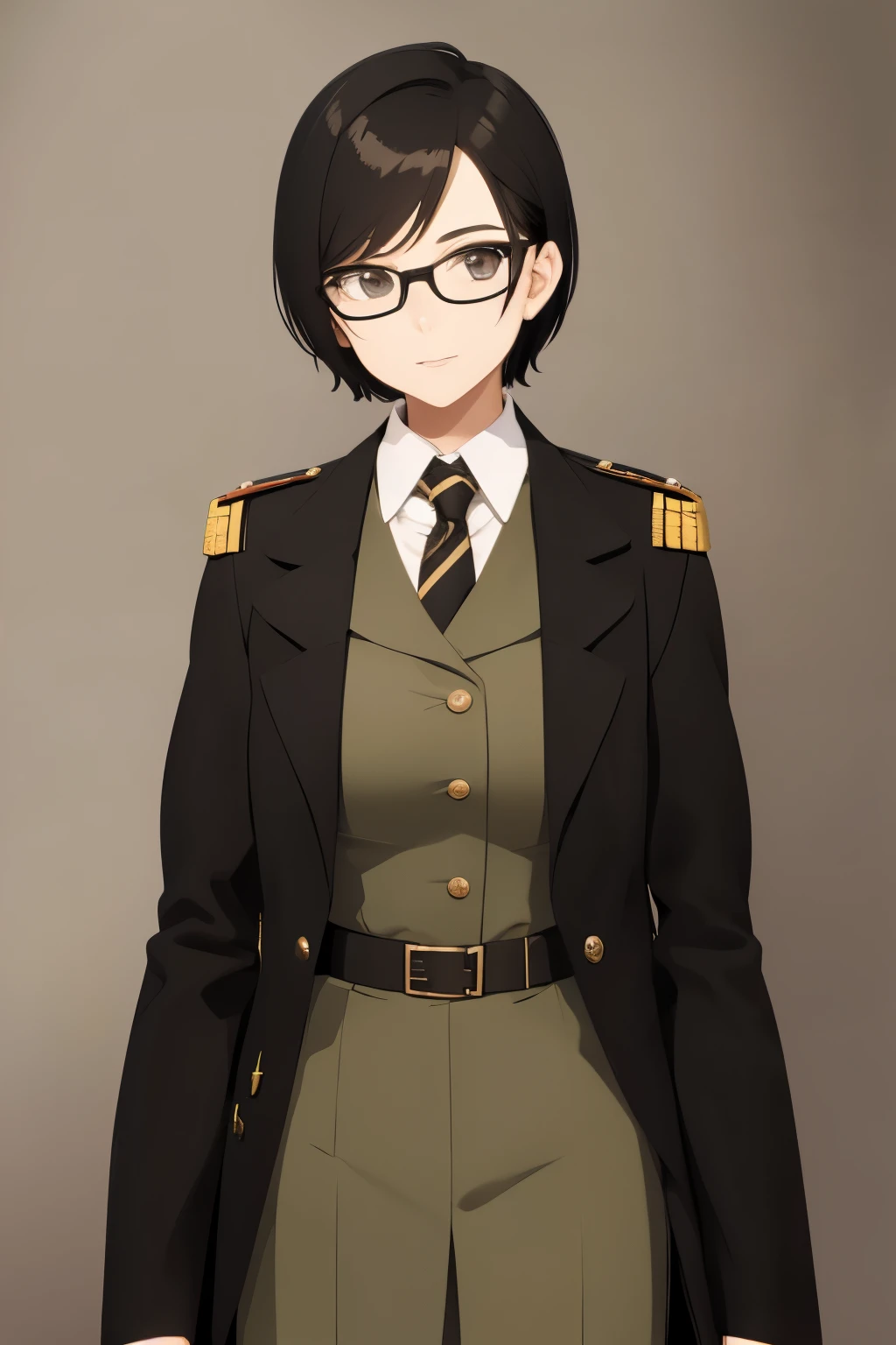 short black hair girl with glasses wearing a war uniform