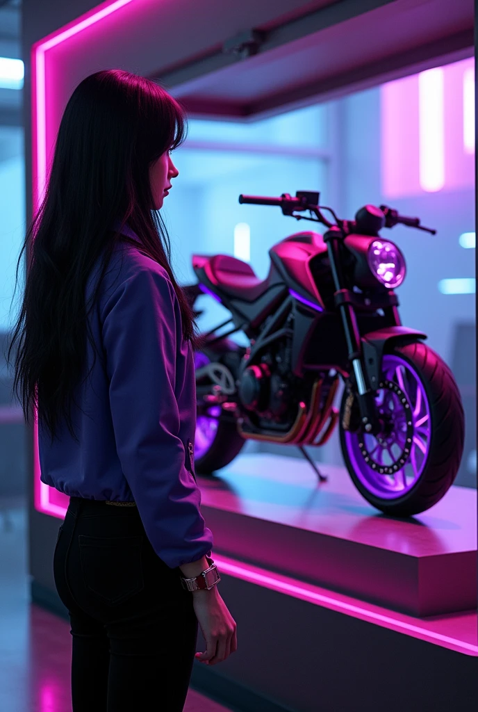 A girl from behind with long black hair, brown skin, dressed in a purple jacket and black pants. Looking at a display case that has a brand motorcycle: Apache 180 black TVs with cute purple details. Neon purple lights on the rims. 