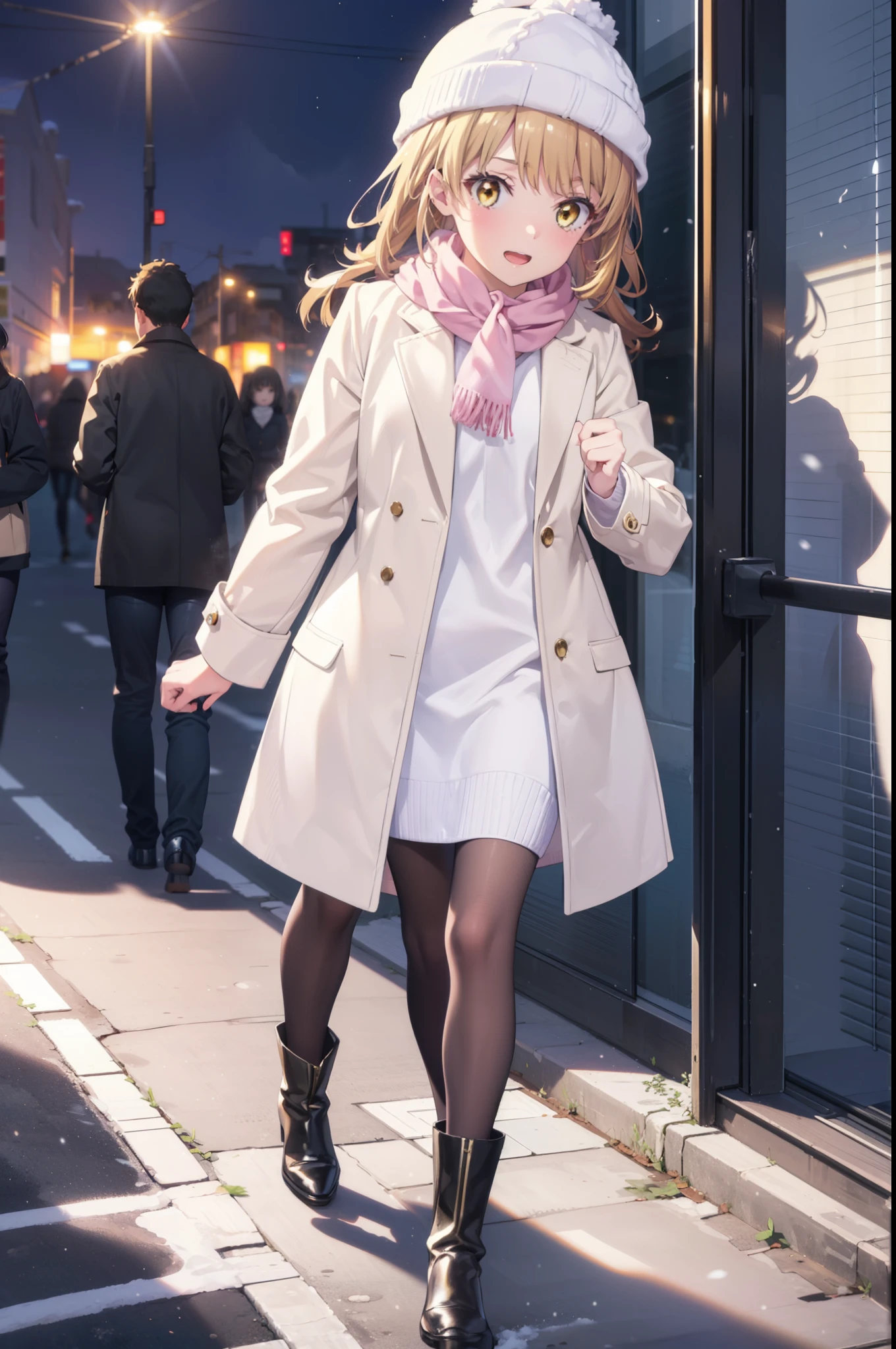 Irohaisshiki, isshiki iroha, Long Hair, Brown Hair, (Brown eyes:1.5), smile,Open your mouth,White Breath,low twin tail,Knitted hat,White scarf,Yellow long coat　Open front,Pink v-neck sweater,Short denim,Black pantyhose,short boots,Walking,snowが降っている,snowが積もっている,moon,night,snow,snow,snow,snow,whole bodyがイラストに入るように,　　　　　　　　　break outdoors, Building district,
break looking at viewer,whole body,
break (masterpiece:1.2), Highest quality, High resolution, unity 8k wallpaper, (figure:0.8), (Beautiful attention to detail:1.6), Highly detailed face, Perfect lighting, Highly detailed CG, (Perfect hands, Perfect Anatomy),