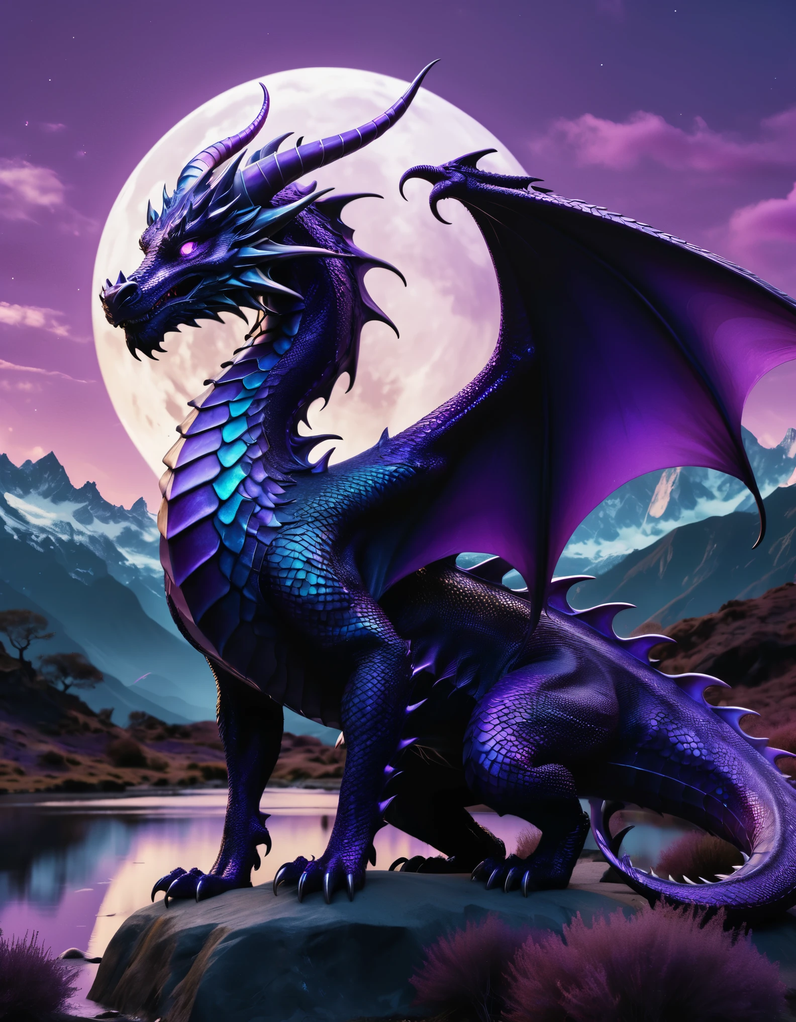 Fantasy digital artwork featuring a majestic dragon with intricate details. The dragon has a dark purple, almost black, scaly body with a long, sinuous neck and tail. Its wings are large and bat-like, with a gradient of blue to purple hues, semi-translucent and veined, giving a mystical appearance. The dragon's head is adorned with sharp, menacing horns and glowing eyes. In the foreground, the phrase "Artvision1999" is prominently displayed in 3D, graffiti-style metallic letters, adding a modern, edgy touch to the surreal landscape. The background showcases a surreal landscape with jagged mountains and a large, ethereal moon in a purple sky, adding to the otherworldly atmosphere. The overall color palette is ted by shades of purple and blue, creating a cohesive and enchanting scene.anatomically correct, super detail, high quality, 4K