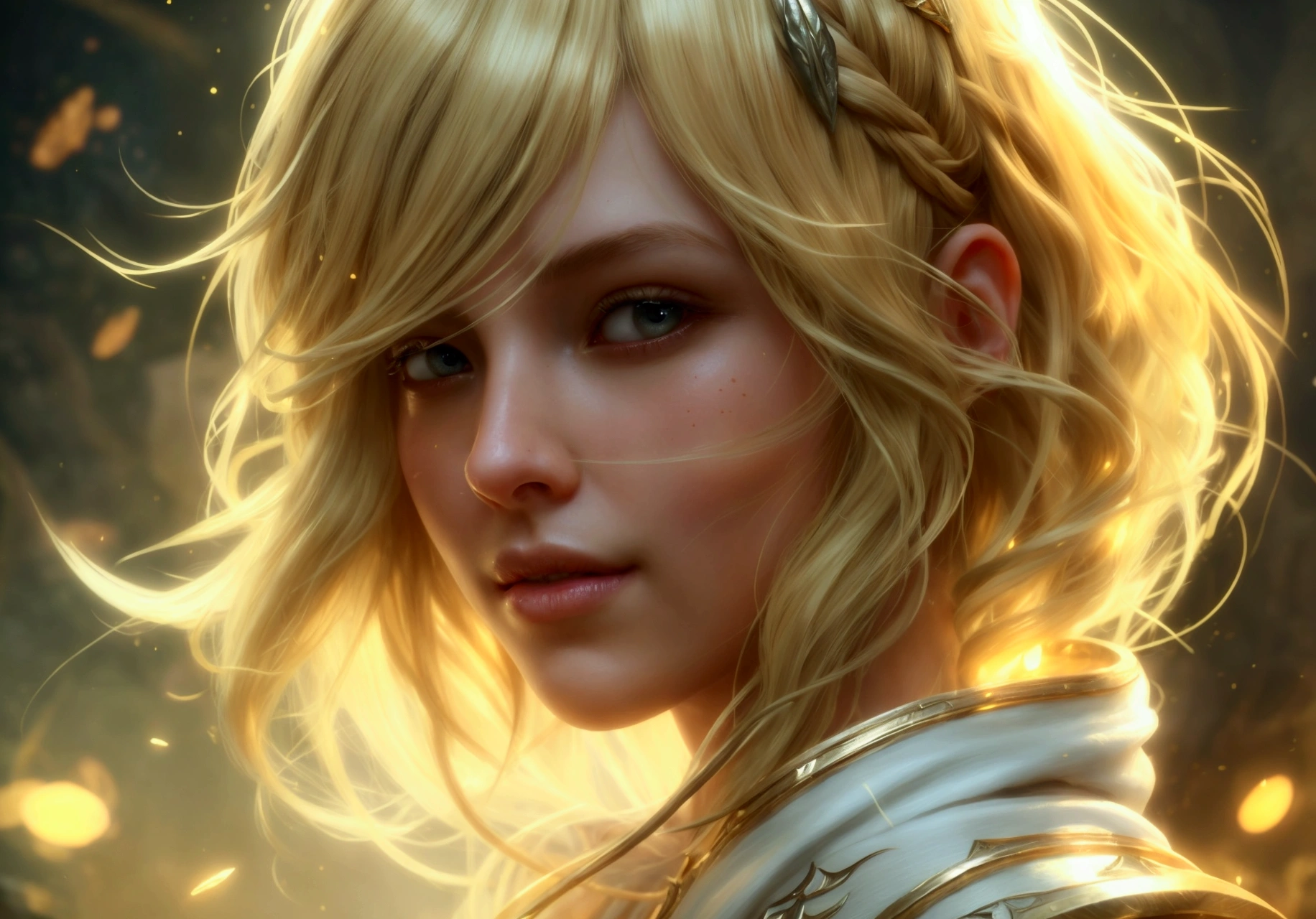 head close up, front camera, realistic digital painting portrait of a human woman, 3r1nm0r1art72, cute smile, (Wavy hair:1.1), (hair blonde:1.3), magical yellow universe, white magical cloth armor with yellow engraving in intricate detail, (abstrato, fund:1.2), (slight particle:1.1), (very detailed skin:1.2), (game concept:1.3), (Elden ring style:1.3), (arcane style:0.8), (Depth of field:1.3), Global illumination, art by hoang lap and fuji hoko and artgerm and greg rutkowski and viktoria gavrilenko