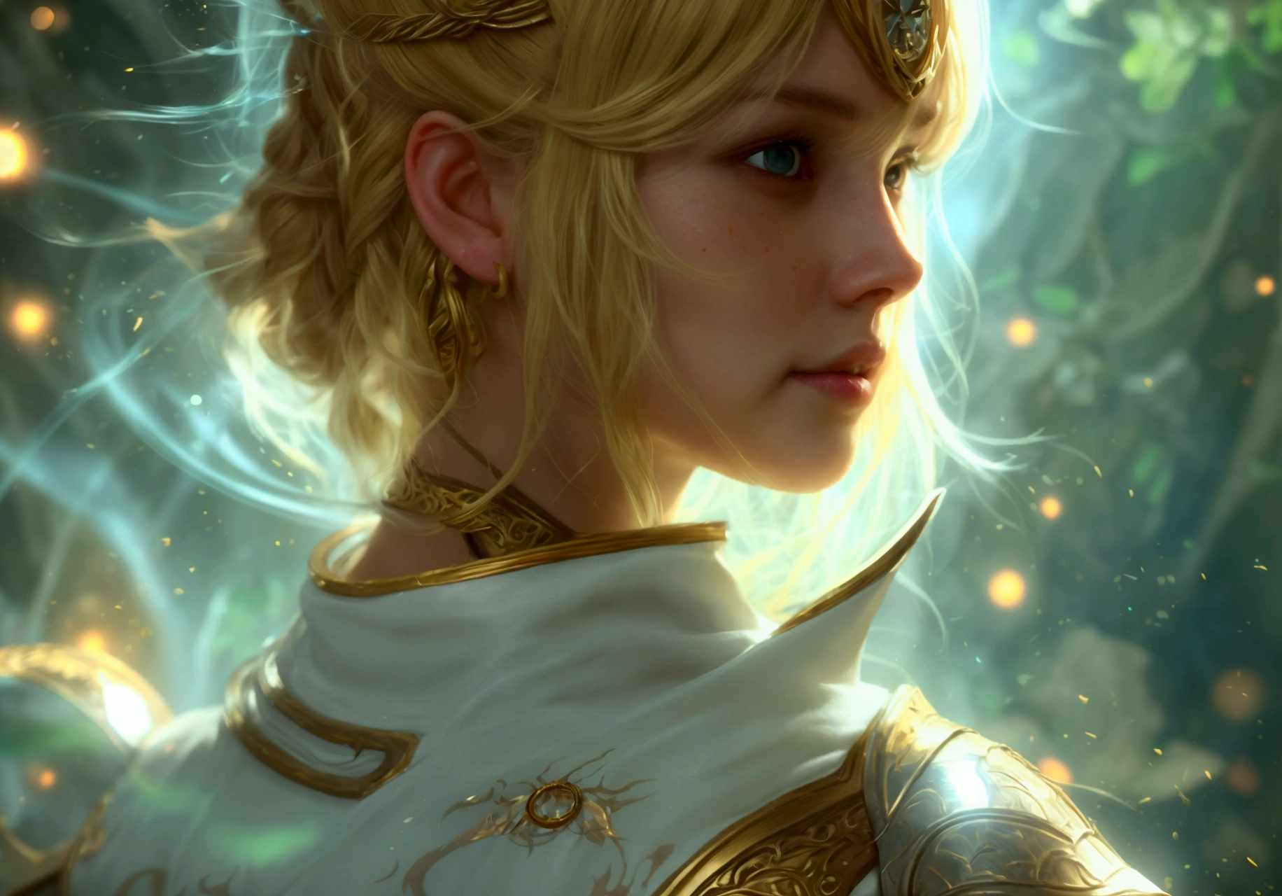 head close up, front camera, realistic digital painting portrait of a human woman, 3r1nm0r1art72, cute smile, (Wavy hair:1.1), (hair blonde:1.3), magical yellow universe, white magical cloth armor with yellow engraving in intricate detail, (abstrato, fund:1.2), (slight particle:1.1), (very detailed skin:1.2), (game concept:1.3), (Elden ring style:1.3), (arcane style:0.8), (Depth of field:1.3), Global illumination, art by hoang lap and fuji hoko and artgerm and greg rutkowski and viktoria gavrilenko 