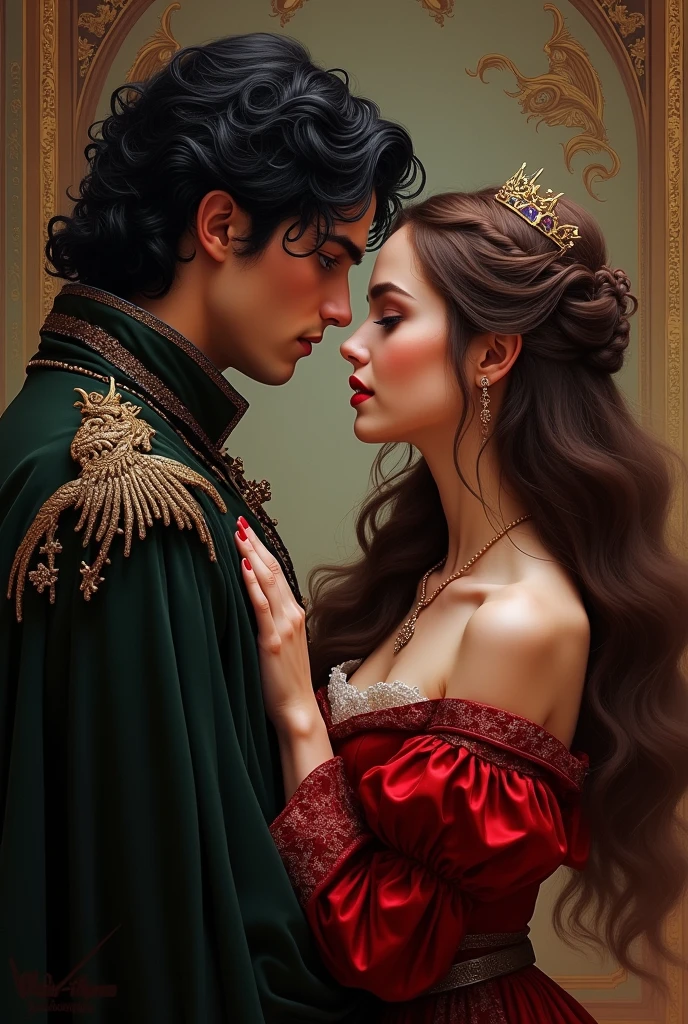 A cover for a medieval romance book called "visceral" It&#39;s about a kind of Enemys to lovers between two s, a prince with black curly hair, white skin and green eyes, and a princess with wavy brown hair, white skin and violet eyes. Their clothes must be red or black and the Targaryen symbol. author: Solesxt 