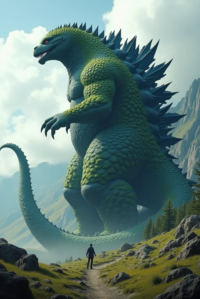Distant relative of the godzilla species. height: 105 meters. fur: green. Scales: dark blue. With long tail