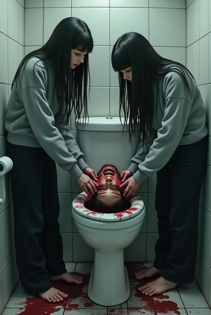 Group of girls wearing short open sweaters ,black loose sweatpants and long hair sticking dead boy&#39;s head in the toilet