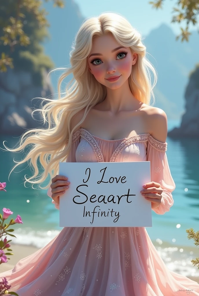 Beautiful elsa with wavy long hair, bohemian dress, holding a white board with text "I Love Seaart Infinity" and showing it to the viewer