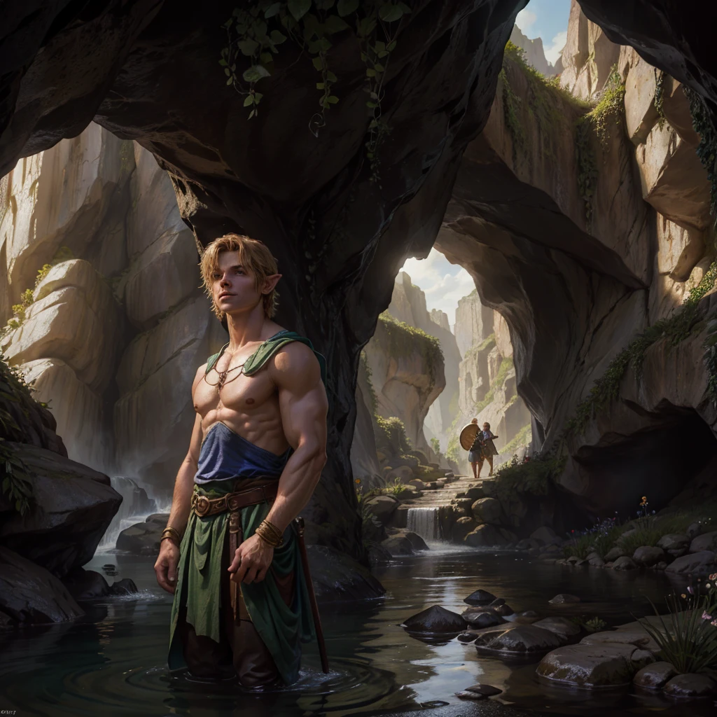 High Fantasy、Association Garden、Delicate depiction、Depiction of the upper body、Link standing in front of the cave、In the background is a medieval cave surrounded by water、