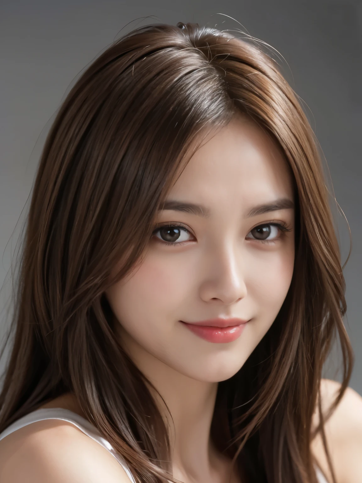 Best quality, realistically, ultra - detailed, Detailed pubic hair, A high resolution, solid color backdrop，8k wallpaper, 1 Beautiful woman, light brown messy hair,  lock focus, Perfect dynamic composition, beautiful eyes, Delicate hair, Detailed realistically skin texture, Smiling, closeup portrait, Model body type, ((Random body orientation)),