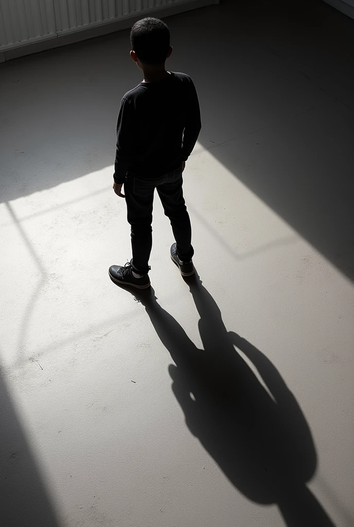 A silhouette of a person standing, with two shadows projected on the ground. A shadow is lighter, representing Luis, and the other darker, representing AllBlack. Shadows overlap, creating an area where both blend together, representing the fusion of the two identities.