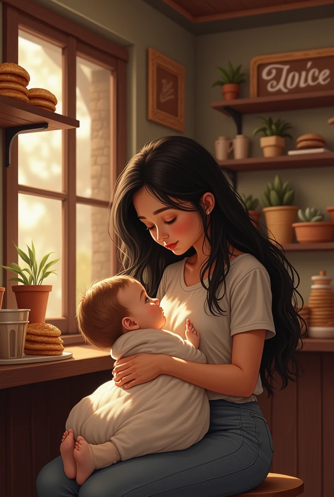 Young mother with long black hair with baby boy on her lap in a cookie shop with the name of the store Doce Mãe written on it