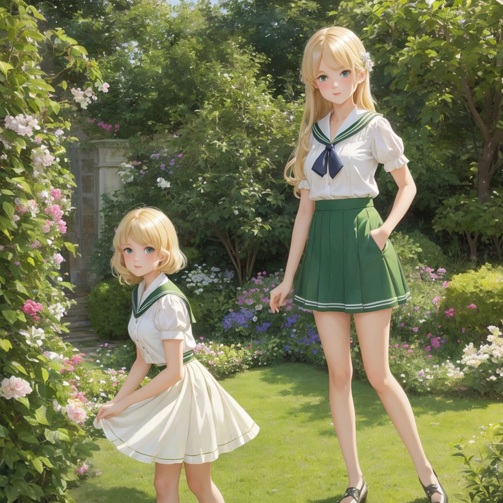 7 girls, long hair, Big , Blushing, blond, Green-eyed sailor suit short skirt 1933 style cute and beautiful girl 18 years old in the garden beautiful long legs high resolution, best quality, masterpiece, Lift skirt mini skirt take off clothes