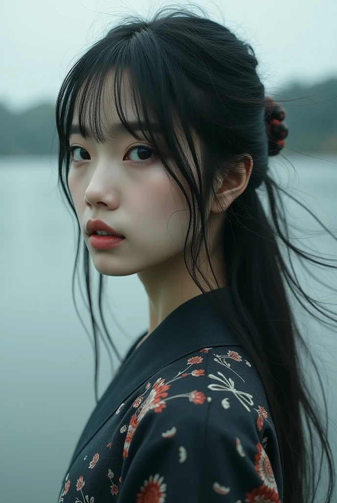 editorial photography,super detailed background,Super realistic,double exposure,depth of field,beauty super slender skinny Korean vibes,soft focus black tone,narrative scene,portrait photo,iris,pupil,wabi-sabi,mole,open lips,from behind,kimono,waterside,Super long straight thin hairstyle,fullbody shot,