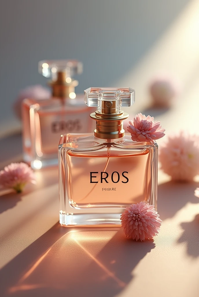 realistic perfume bottles with logo with the name Eros a unique design in several different positions and angles as if it were in a magazine. create a background scenario.
