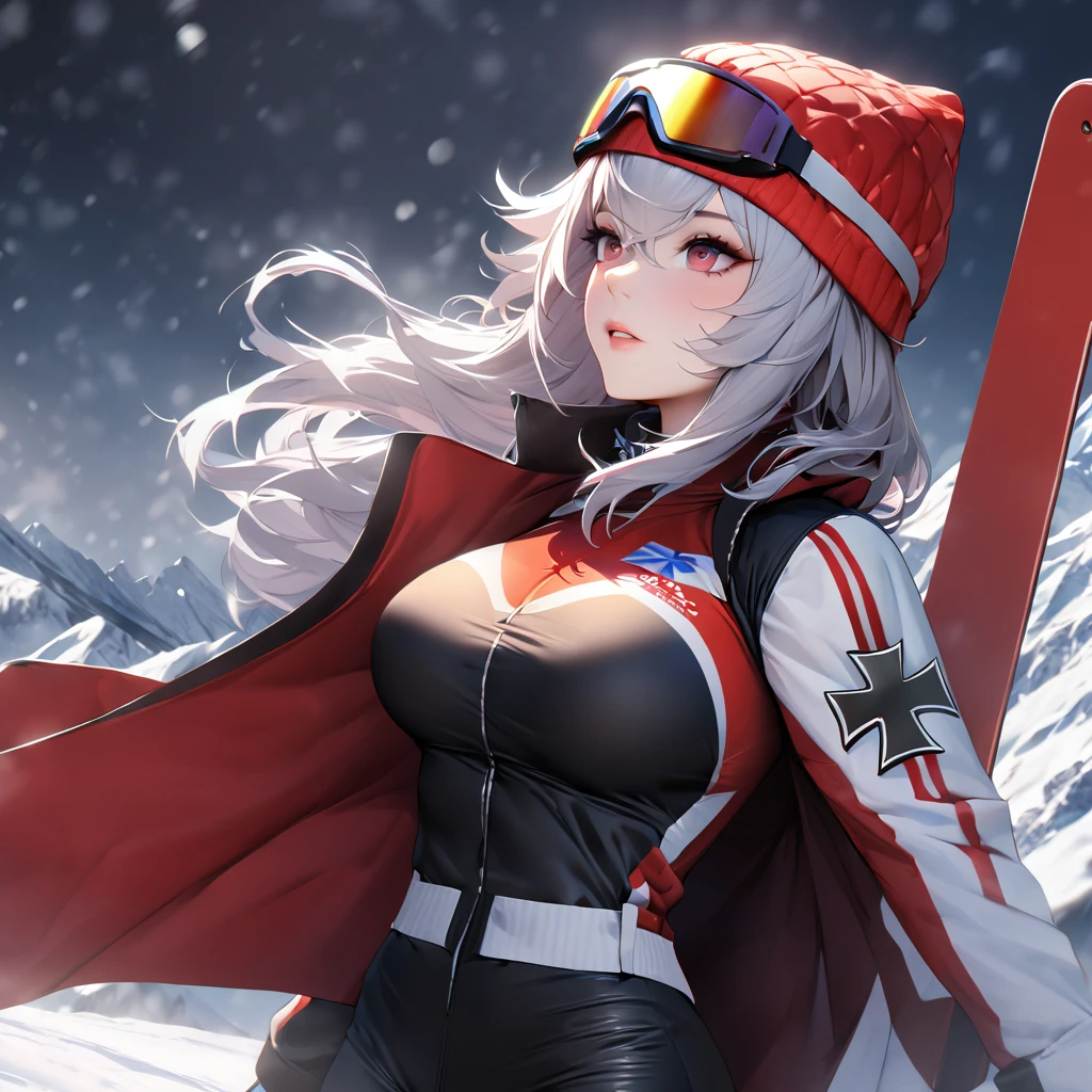 A woman wearing a Biathlon uniform, cold weather sports uniform, black cold weather jacket with yellow details, black cold weather pants, iron cross coat of arms on the uniform, wearing a red cold weather cap, wearing red snowboard goggles, large breasts,burgundy eyes, postured standing, on snowy slope, snowy place, winter weather, background with ice mountains, Azur_lane, KMS_Graf_Zepplein..UHD, masterpiece, accurate, anatomically correct, textured skin, super detail, high quality, best quality, 8k, high resolution, bokeh effect.(solo woman),white gloves, realistic, close view.
