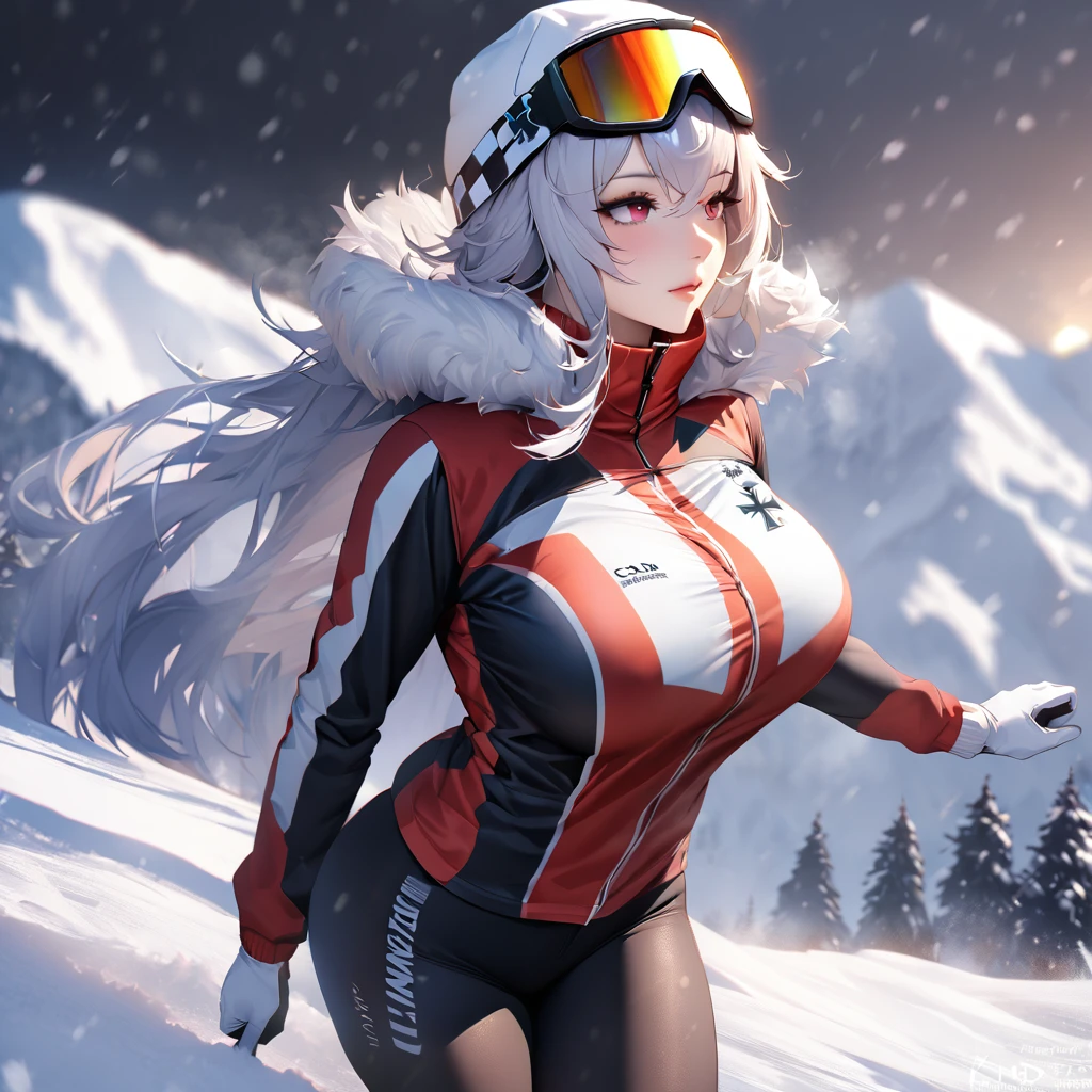 A woman wearing a Biathlon uniform, cold weather sports uniform, black cold weather jacket with yellow details, black cold weather pants, iron cross coat of arms on the uniform, wearing a red cold weather cap, wearing red snowboard goggles, large breasts,burgundy eyes, postured standing, on snowy slope, snowy place, winter weather, background with ice mountains, Azur_lane, KMS_Graf_Zepplein..UHD, masterpiece, accurate, anatomically correct, textured skin, super detail, high quality, best quality, 8k, high resolution, bokeh effect.(solo woman),white gloves, realistic, close view.
