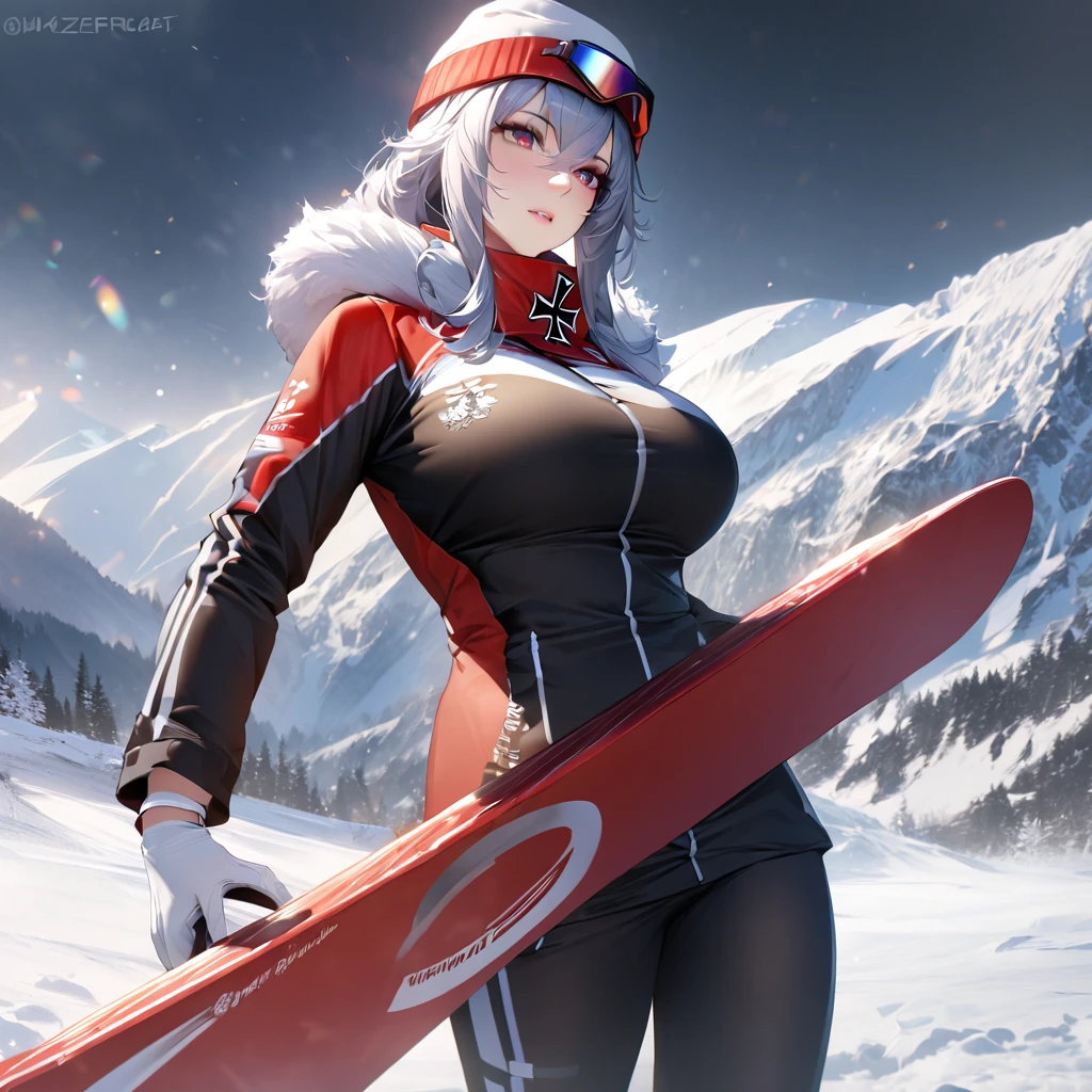 A woman wearing a Biathlon uniform, cold weather sports uniform, black cold weather jacket with yellow details, black cold weather pants, iron cross coat of arms on the uniform, wearing a red cold weather cap, wearing red snowboard goggles, large breasts,burgundy eyes, postured standing, on snowy slope, snowy place, winter weather, background with ice mountains, Azur_lane, KMS_Graf_Zepplein..UHD, masterpiece, accurate, anatomically correct, textured skin, super detail, high quality, best quality, 8k, high resolution, bokeh effect.(solo woman),white gloves, realistic, close view.
