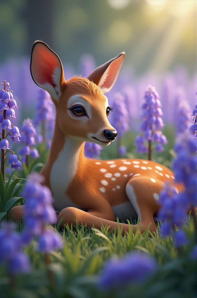 a deer lying in a field with purple lilies of the valley