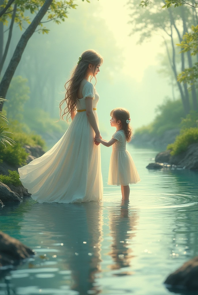 2 women, a lady and a young girl, in a stream 