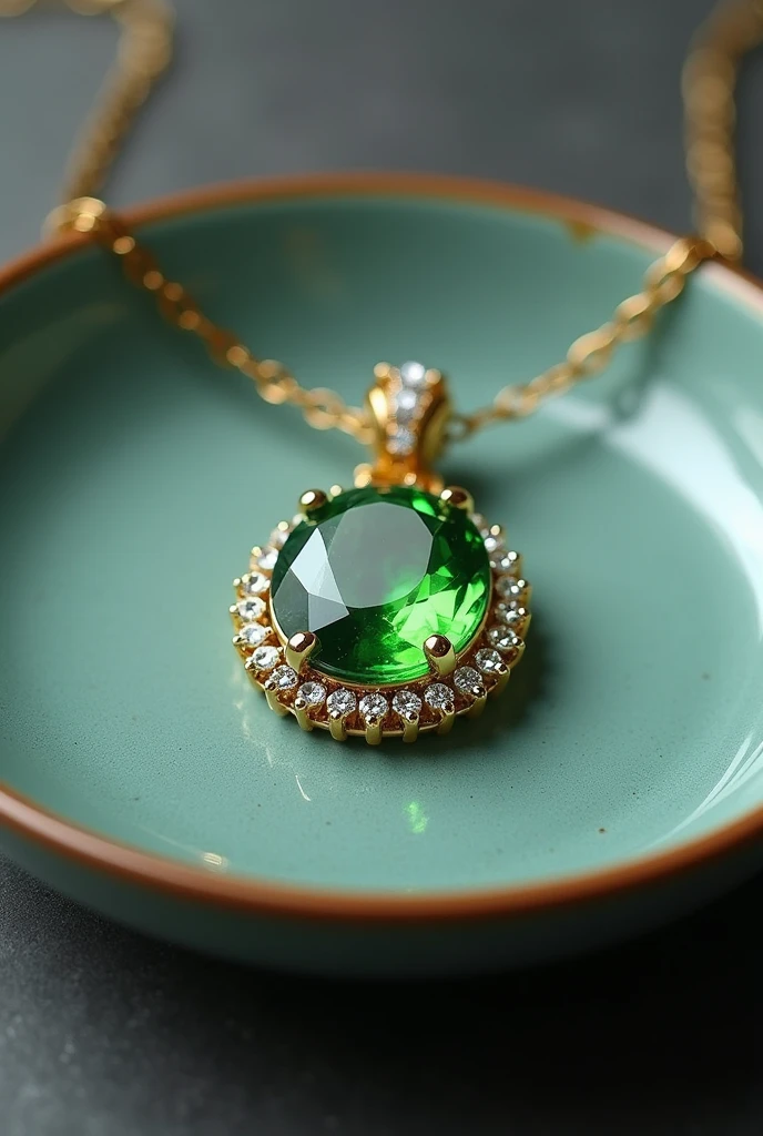 August Birthstone、10 carat olivine necklace、On a Chinese plate、The background is gray, Surrealism, Verism, Fujicolor, cinematic lighting, UHD, accurate, super detail, masterpiece, high details, super detail, high quality, best quality, highres