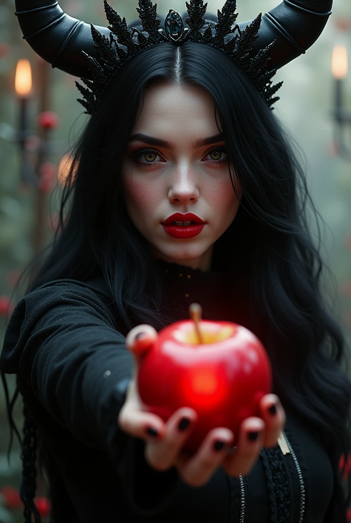 ((RAW Photo), absurd, (absurdresolution)), masterpiece, best quality, (Extremely detailed 8k unity CG wallpaper), (best illustration), (best shadow), Realistic lighting, beautiful detailed glow, ((21 years old)), girl, long black hair, black queen, accessories, apple in hand, poisoned apples, witch queen, red lipstick, (((Photographic Perspective of her)))