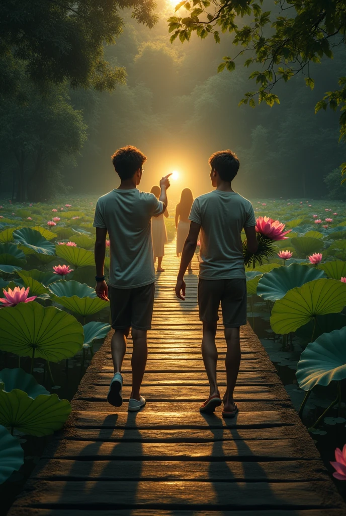 Two perfect young men walk forward on a wooden bridge over a beautiful lotus-blossom lake, one friend holds a bunch of lotus flowers in one hand and points the other towards a light, the other friend points to a bright yellow light in the distance, and behind the two young men are two beautiful women. Moving, a scene of light in the distance, a realistic picture, attractive pic, black background