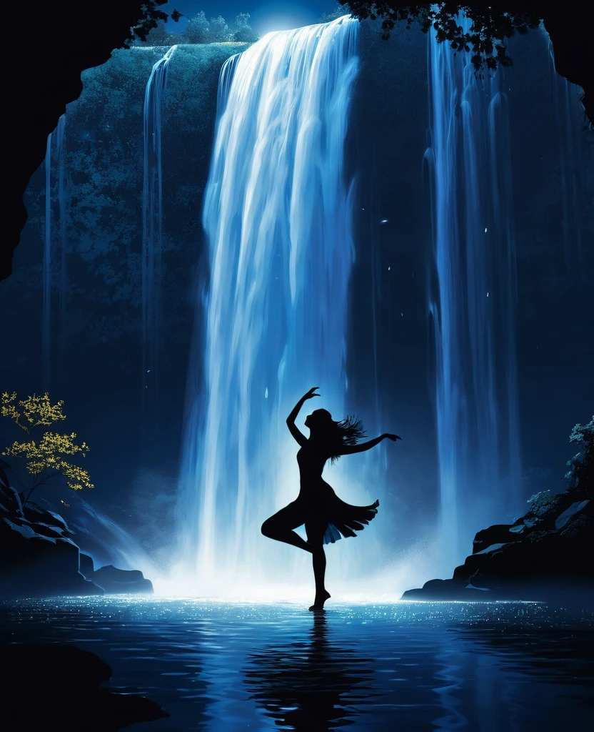 Silhouette of a woman dancing under a waterfall,moonlight,a quiet night