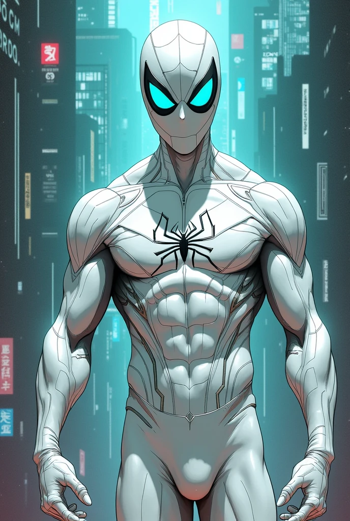 spider man with but in all white suit with bright turquoise eyes in comic book style art