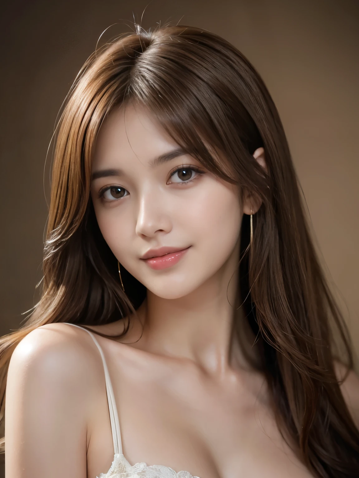 Best quality, realistically, ultra - detailed, Detailed pubic hair, A high resolution, solid color backdrop,8k wallpaper, 1 Beautiful woman, light brown messy hair, lock focus, Perfect dynamic composition, beautiful eyes, Delicate hair, Detailed realistically skin texture, Smiling, closeup portrait, Model body type, ((Random body orientation)),