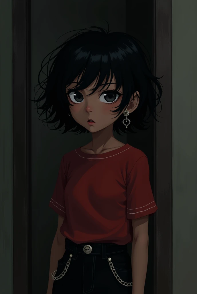 Generate a picture of anime dark hispanic girl with short black hair red shirt and chain pants chain earring no skin showing