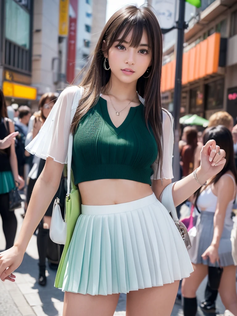 Product quality,1 girl,Cowboy Shot,Front view,(Thigh Emphasis:1.6),Young and sexy Japanese girl,20-year-old,Harajuku,(Crowded street:1.4),Snazzy,(green:1.5),shirt,wear,(Fashionable Bags:1.3),Fashionable necklaces,Stylish Earrings,((White Ultra Short Micro Pleated Mini Skirt:1.5)),wear,Very cute face,Small baby face,Glossy Lips,Double eyelids on both eyes,(Natural Makeup),Small and cute nose,shiny smooth light brown long hair,,,,Asymmetrical bangs,Center image,8k resolution,Attention to detail,Detailed hairstyle,Detailed face,Cinema Lighting,Octane Rendering,Ultra-realistic,Perfect limbs,(Detailed fingers:1.5),Beautiful feet,Voluptuous thighs,Huge breasts,Perfect Anatomy,(Model sexy pose:1.5)