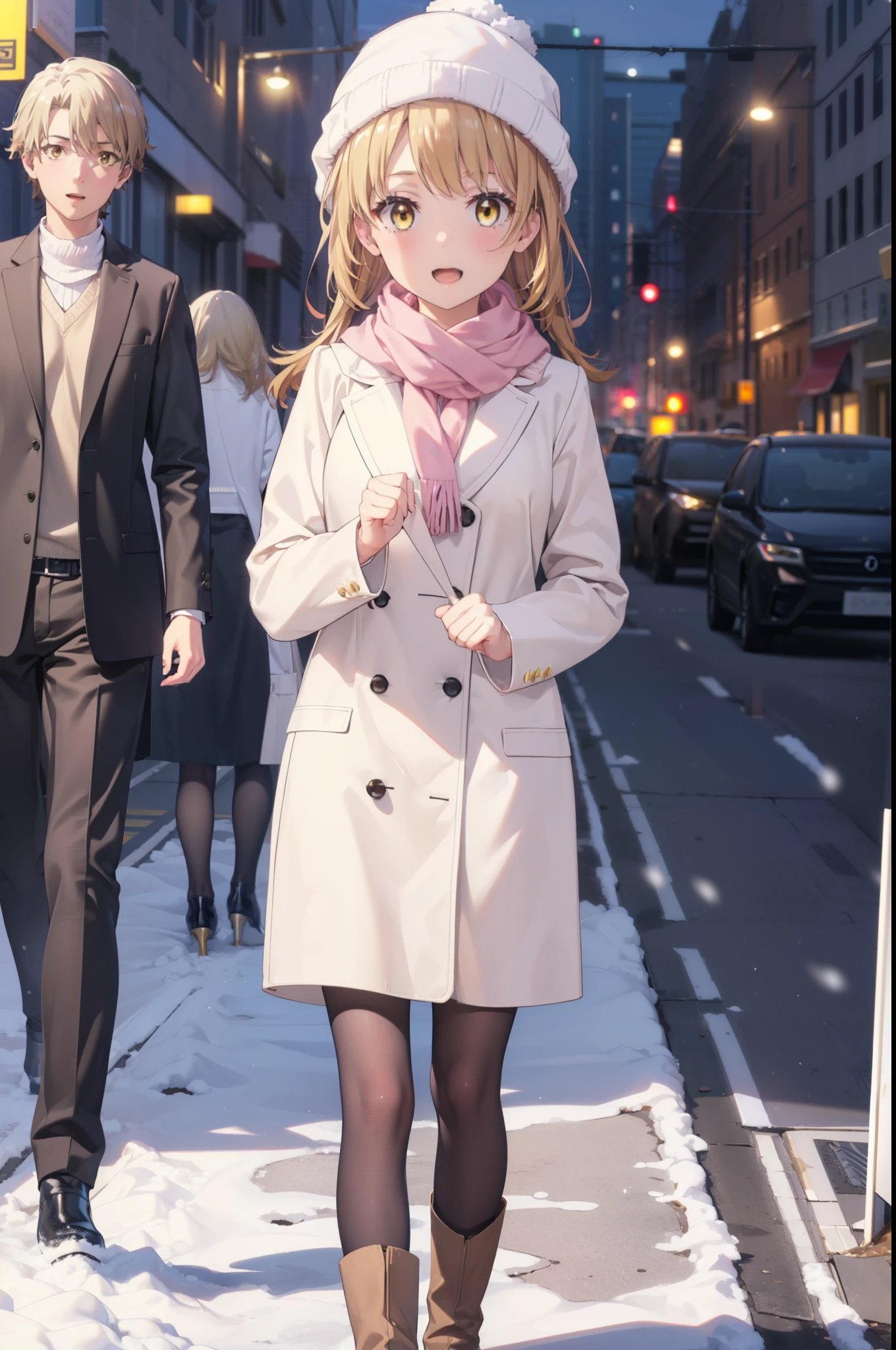 Irohaisshiki, isshiki iroha, Long Hair, Brown Hair, (Brown eyes:1.5), smile,Open your mouth,White Breath,low twin tail,Knitted hat,White scarf,Yellow long coat　Open front,Pink v-neck sweater,Short denim,Black pantyhose,short boots,Walking,snowが降っている,snowが積もっている,moon,night,snow,snow,snow,snow,whole bodyがイラストに入るように,　　　　　　　　　break outdoors, Building district,
break looking at viewer,whole body,
break (masterpiece:1.2), Highest quality, High resolution, unity 8k wallpaper, (figure:0.8), (Beautiful attention to detail:1.6), Highly detailed face, Perfect lighting, Highly detailed CG, (Perfect hands, Perfect Anatomy),