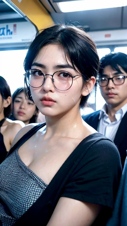 Crowded train、Sweaty、Armpit sweat、Small breasts、Precisionism、Photorealistic、Japanese girl、Thick eyebrows、round face、He wears oval glasses with brown rims that are almost black.、Short Hair、Bangs reach above the eyebrows、White skin、One faint spot on the philtrum
