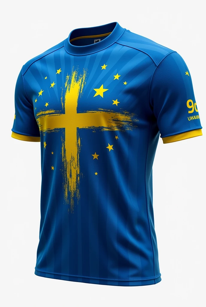 A never-before-seen custom team shirt with lots of detail in blue and a cross in the middle and minimal details of stripes spread across the shirt and several stars with yellow with the symbol of Ukraine and the writing 9c