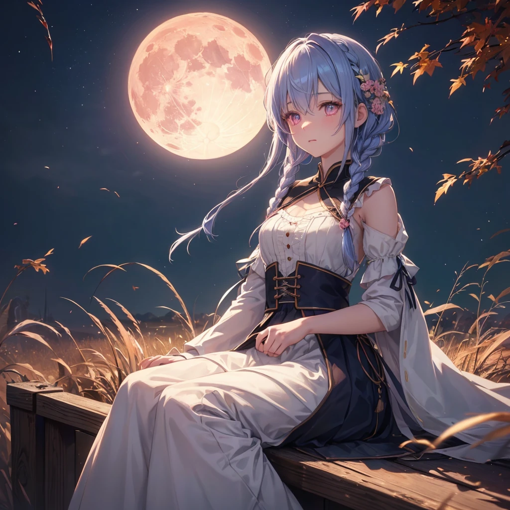 (Braiding),(Sky blue medium hair), (Pink eyes),(Fair skin)  ,(whole body),(One Girl),(harvest moon),(A large amount of Miscanthus sinensis in the background),autumn,(full moon),(masterpiece, Highest quality, Very detailed, Best Shadow), (Detailed Background), (Beautifully detailed face), High Contrast, (Best lighting, Very delicate and beautiful), ((Cinematic Light)), Hyper Detail,8k, Dramatic Light, Intricate details,Maple