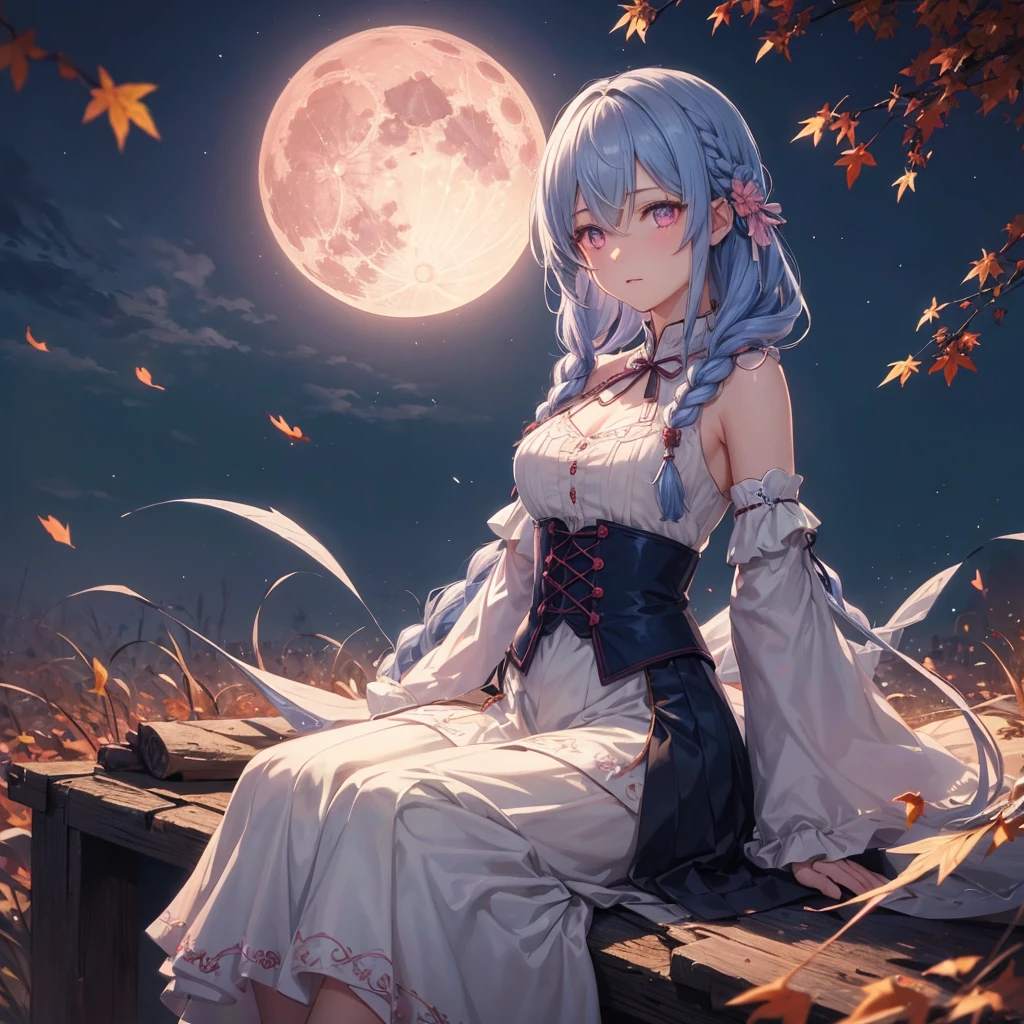 (Braiding),(Sky blue medium hair), (Pink eyes),(Fair skin)  ,(whole body),(One Girl),(harvest moon),(A large amount of Miscanthus sinensis in the background),autumn,(full moon),(masterpiece, Highest quality, Very detailed, Best Shadow), (Detailed Background), (Beautifully detailed face), High Contrast, (Best lighting, Very delicate and beautiful), ((Cinematic Light)), Hyper Detail,8k, Dramatic Light, Intricate details,Maple