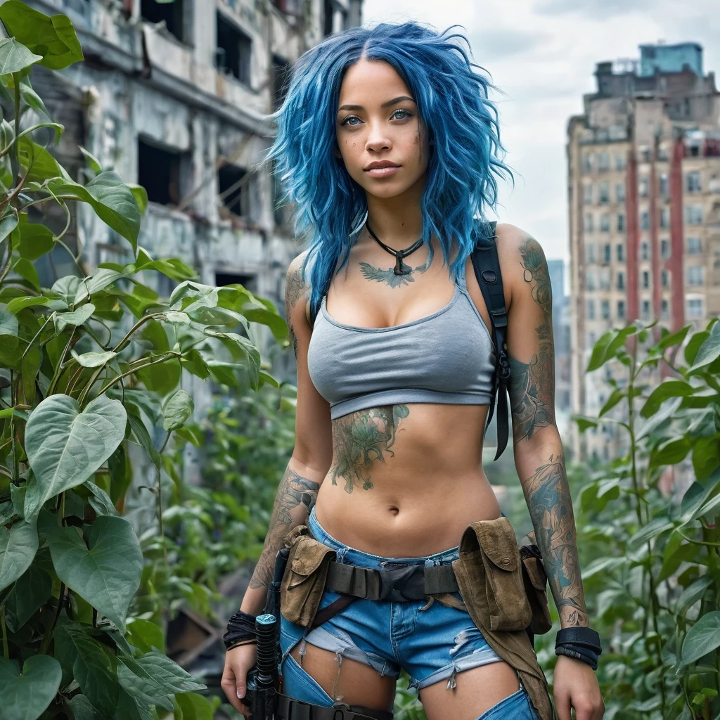 1 girl, beautiful biracial woman with blue hair,blue eyes, extremely detailed full body , Résolution Haute, city with Building covered by Climbing plant, post apocalyptic univers, survivor dirty clothes, large breasts, machete on back, Plan Large, 