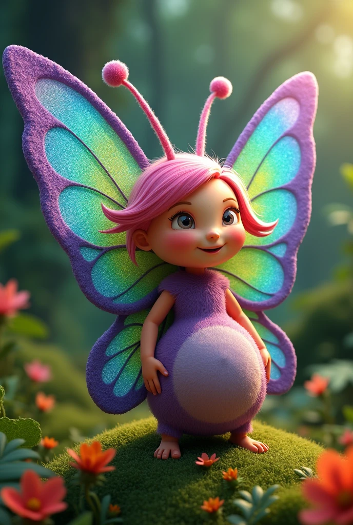 crie a bia, the Colorful Butterfly, a puppet character, with wings colored in shades of blue, green and yellow, with small antennas and purple body. Bia is happy, curious and courageous, short pink hair