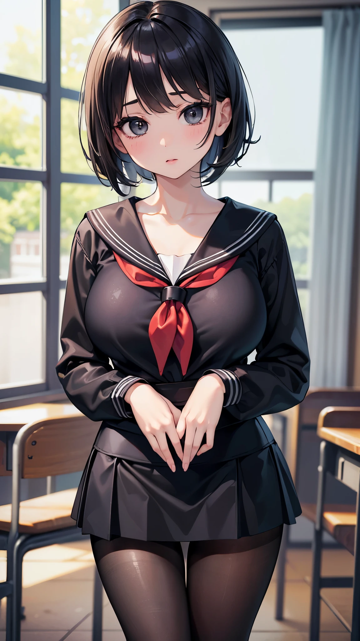 (masterpiece, 最high quality, 超High resolution, Very detailed), (Realistic:1.1, photoRealistic:1.4), Perfect illustration, Perfect lighting,Hair in perfect detail, Perfect and detailed face, Perfect collarbone, Perfect body,Juicy breasts, Perfect Thighs, Beautiful feet, View your viewers, 1 Girl,Perfect Face, (Perfect Anatomy, Anatomically correct), Symmetrical face、((Shiny Hair)),Sexy Body、(masterpiece),(最high quality:1.3),8k,Very clear,(Ultra-realistic),,Captivating woman,(high quality, High resolution, Fine details), Realisticなスタイルの女性,Juicy breasts、One perfect woman、Perfect Face、Symmetrical face、、((Large Breasts))、blush、((Juicy lips))、Cowboy Shot、(((Black short hair)))、((Large, double-set black eyes、Long eyelashes))、((Natural makeup))、(((Sailor suit、mini skirt)))、((thin black pantyhose))、(indoor、classroom)