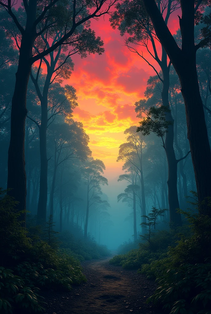 Dark forest with a sky in the color of the Venezuelan flag 