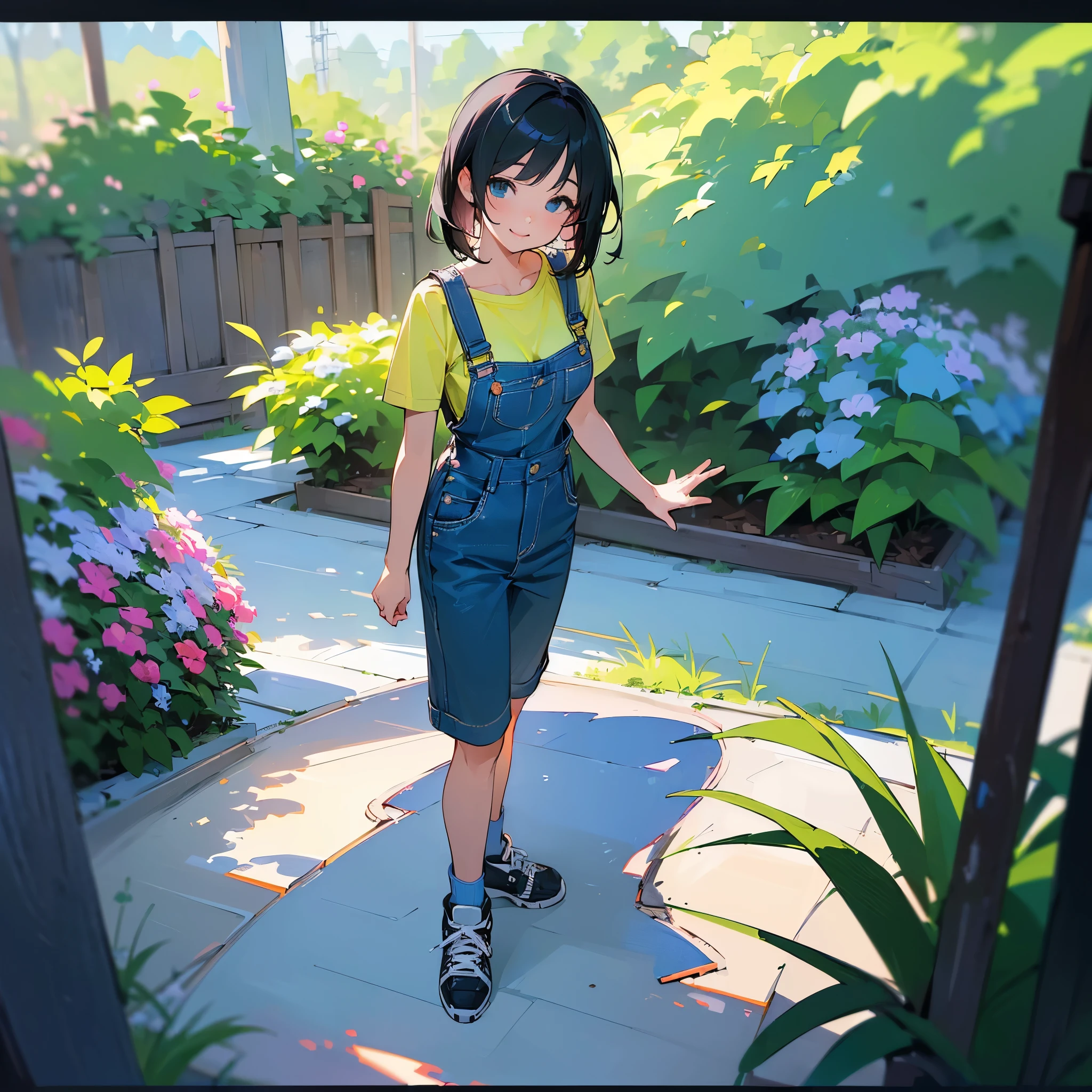 (high quality, High resolution, Very detailed, reality:1.37), Peaceful atmosphere, (Outdoor, garden), age girl standing alone, (my breasts are big.), Beautiful details, Cute Smile, (Black bob hair), Short sleeve shirt, Overalls, Blue socks, sneakers.